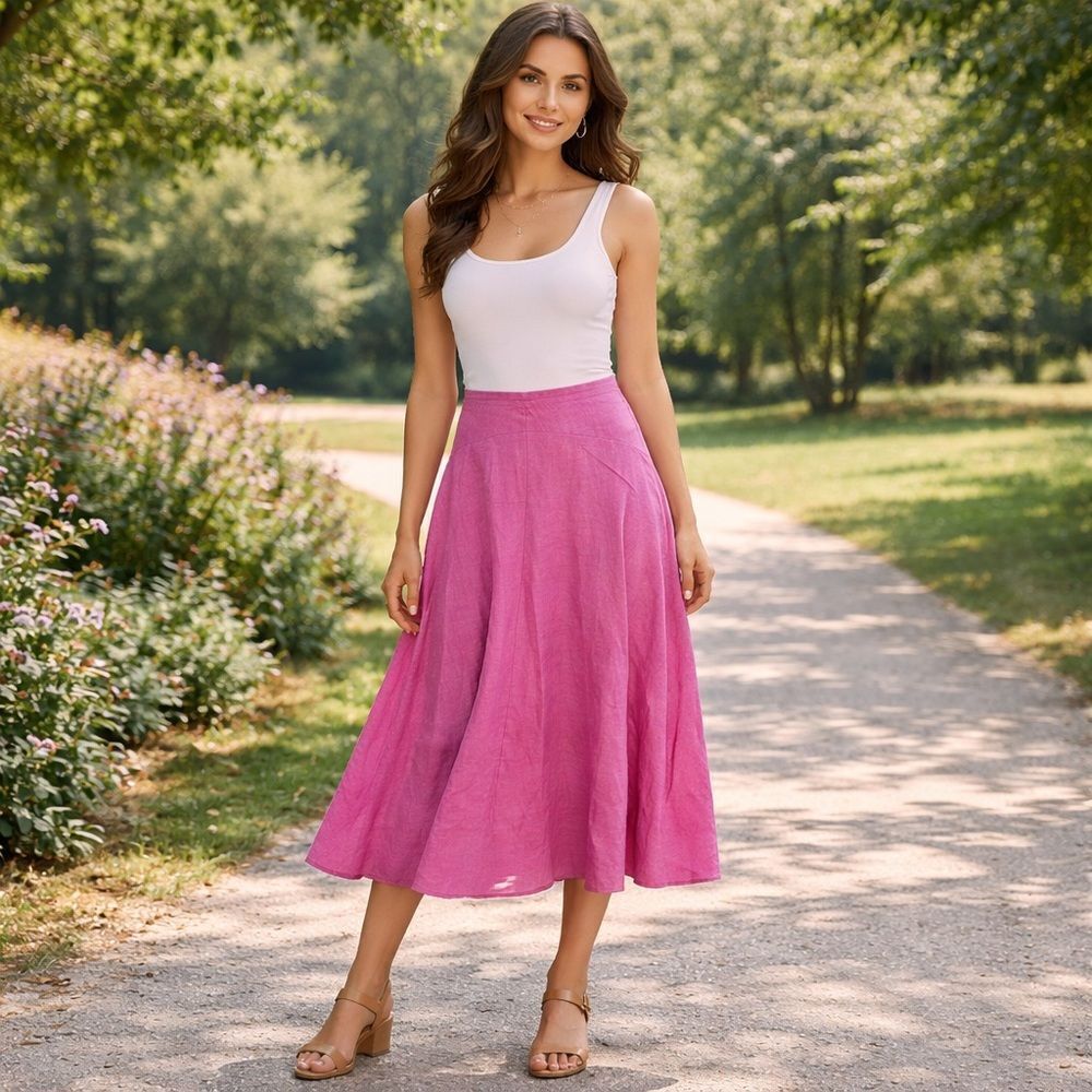 DanaโBuchmanโLinenย linedโzipโcircleโmidiโskirtโdeepโBarbicoreโpinkโ4